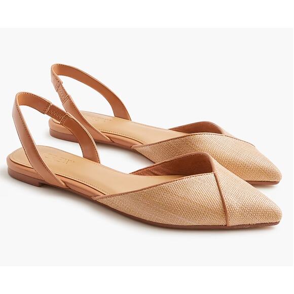 J Crew Woven Slingback Flats 9 Tan NWOT BZ219 J.Crew Point Toe Raffia - Picture 1 of 5